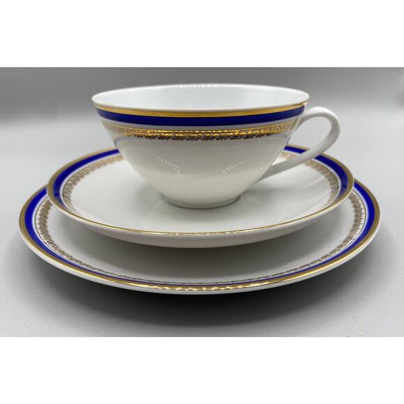 Bohemia Czechoslovakia Gold, Blue, White Cup, Saucer & Sandwich Plate Trio Set - Picture 1 of 10